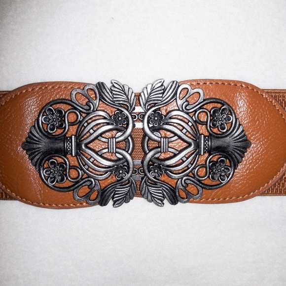 Antiqued Silver Coffee Brown Elastic Waist Belt - Picture 2 of 6